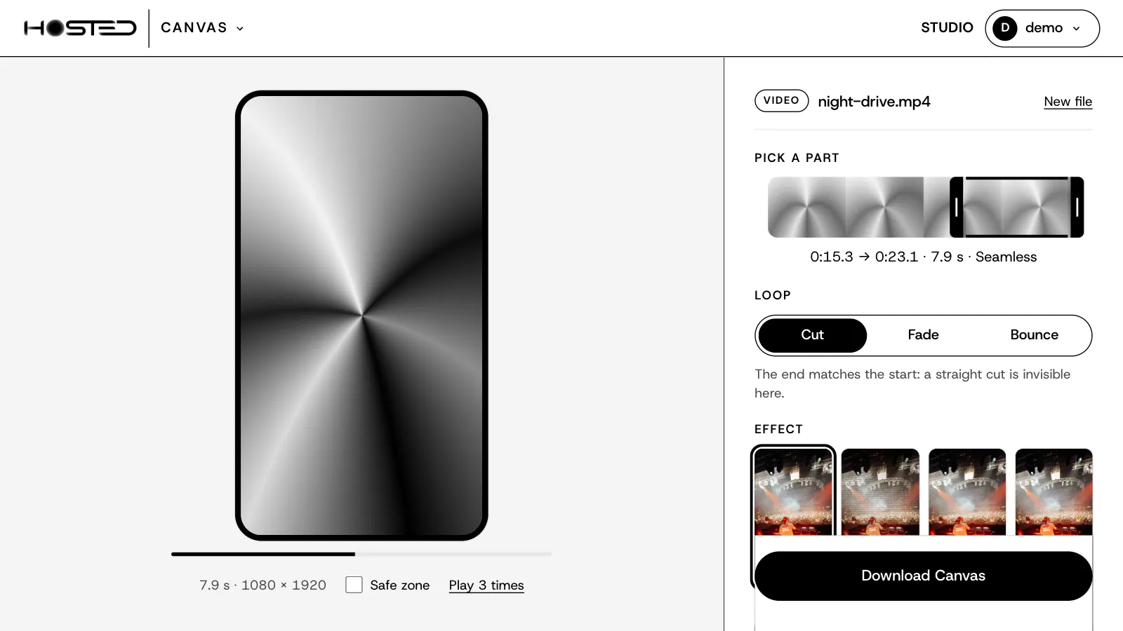 A clip in Canvas: the loop playing in a phone, the part picked on the strip, 7.9 seconds, seamless, and the choice Cut, Fade or Bounce