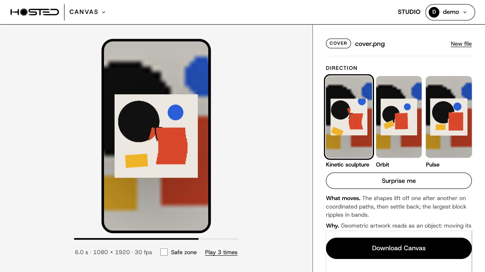 A cover in Canvas: the artwork moving in a phone, three directions to choose from, and the Surprise me button