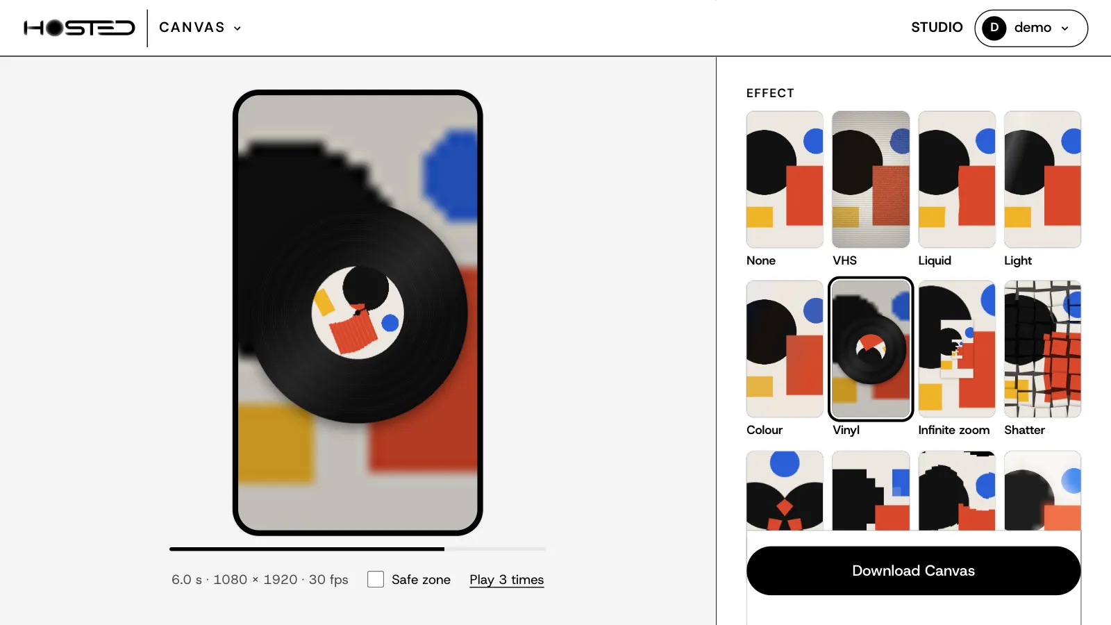 The effects in Canvas, each shown on the artist's own cover: VHS, Liquid, Light, Colour, Vinyl, Infinite zoom, Shatter