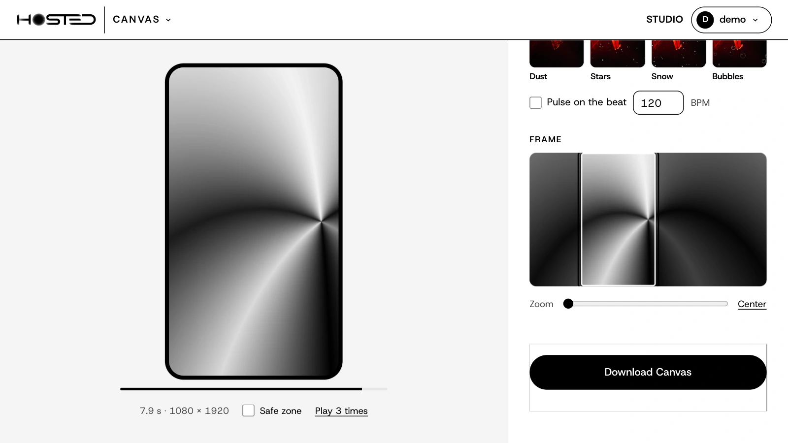 Framing in Canvas: the vertical frame placed on a wide video, the zoom, and the result in a phone
