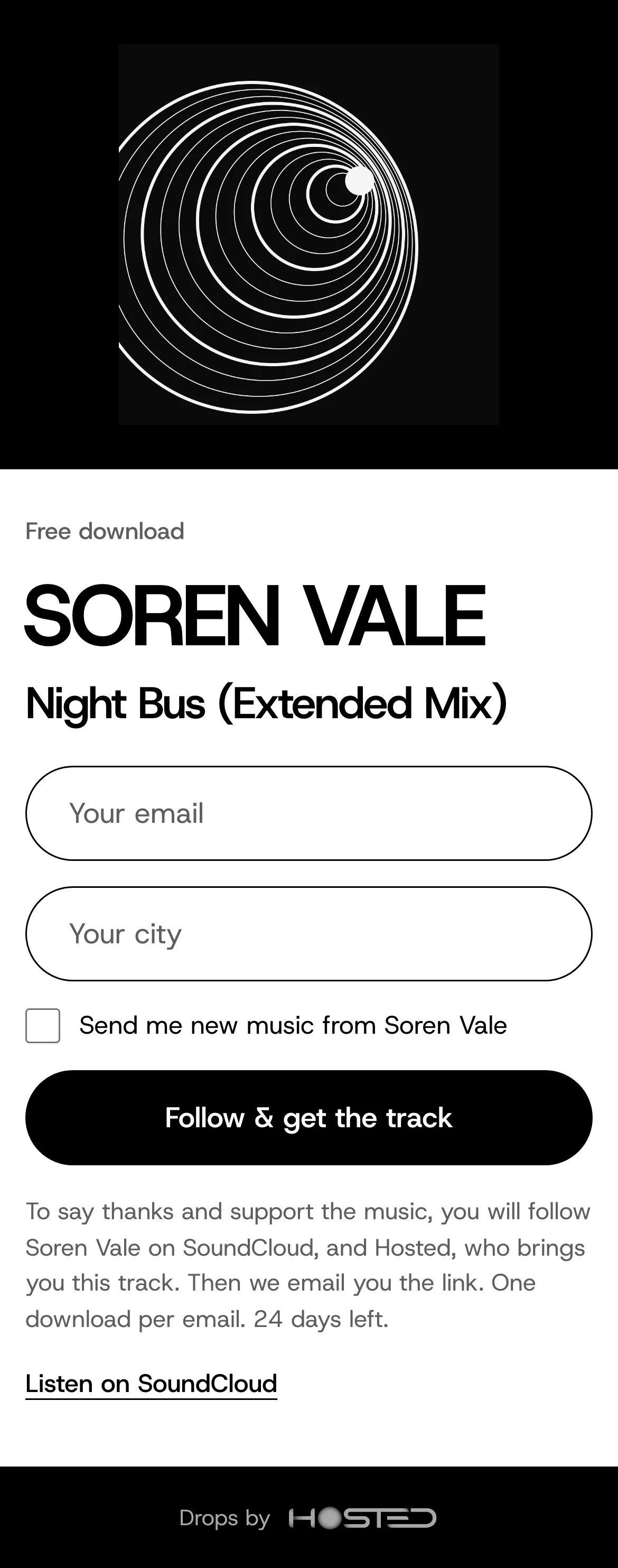 A drop on a fan's phone: the cover, Soren Vale, Night Bus, an email field, a city field and the Follow & get the track button