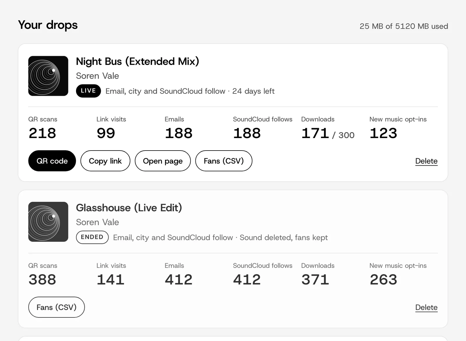 Your drops: Night Bus with 218 QR scans, 99 link visits, 188 emails, 188 SoundCloud follows, 171 downloads out of 300 and 123 new music opt-ins, and the Fans CSV button