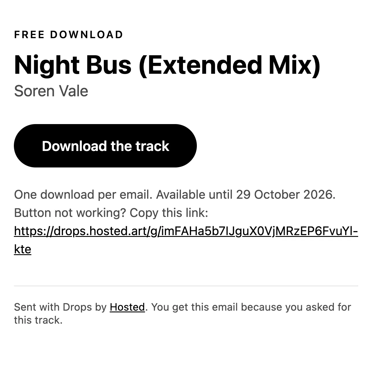 The email a fan receives: Free download, Night Bus (Extended Mix), Soren Vale, a Download the track button, one download per email