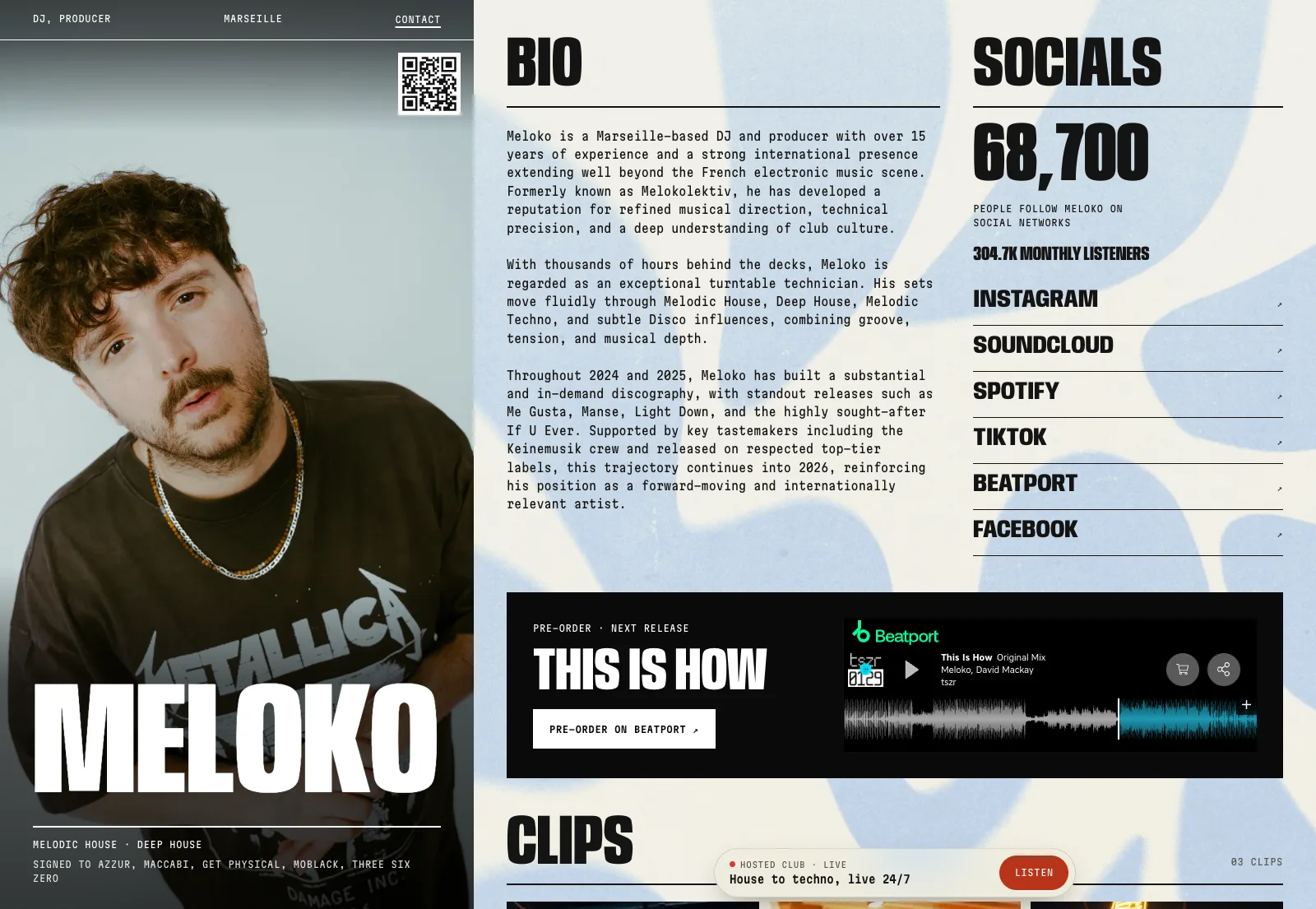 Meloko's page on a computer: his photo and his name on the left, his bio, his 68,700 followers, his next release with a Beatport player and his clips on the right