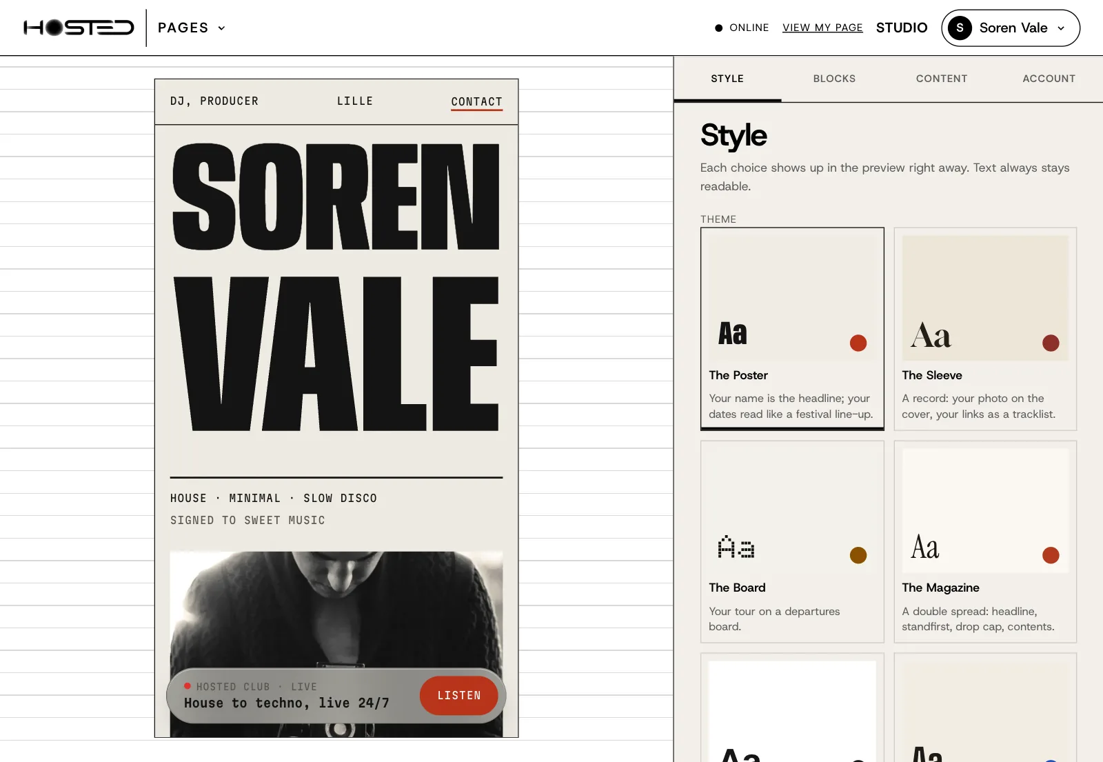 The Style tab of the studio: the page of Soren Vale in the preview, and the themes The Poster, The Sleeve, The Board and The Magazine