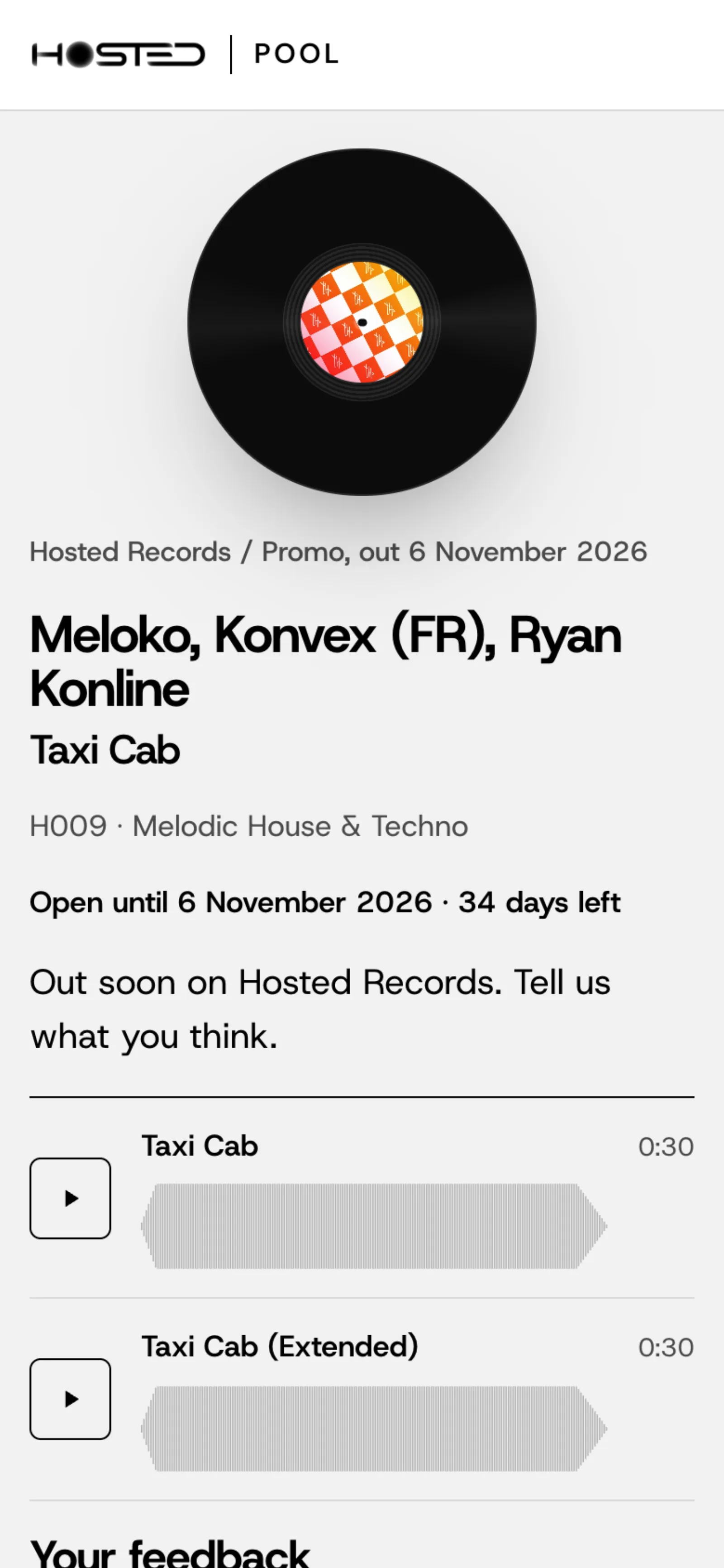 The page a DJ opens on a phone: the record, the message of the artist, the tracks to play