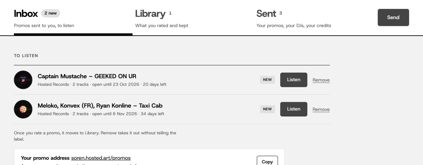 The Inbox tab in Pool: promos to listen, with Listen and Remove