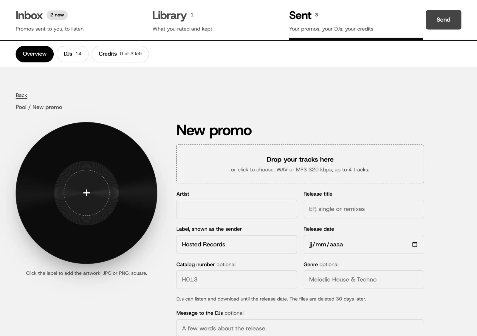 The new promo form in Pool: tracks, artwork, release date and your message