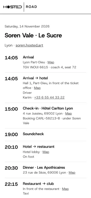 A Road day sheet on a phone: arrival, hotel, dinner and set times