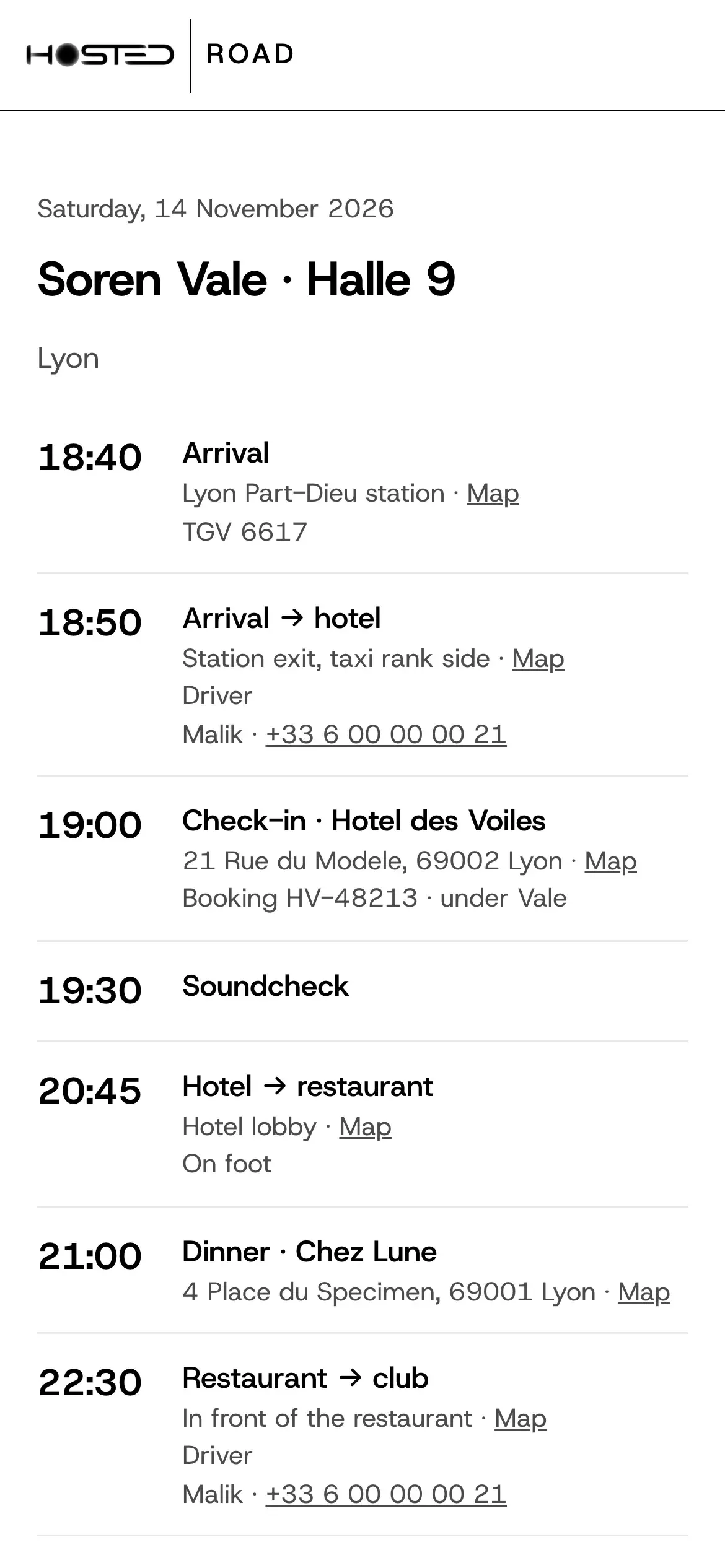 The crew link on a phone: the day sheet of Soren Vale at Halle 9, from the arrival at 18:40 to the ride to the club
