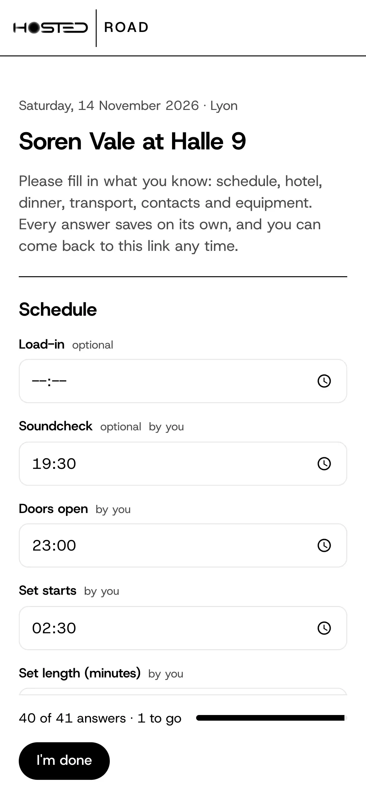 The advance the promoter opens on a phone: the schedule questions, 40 of 41 answers, and the I'm done button