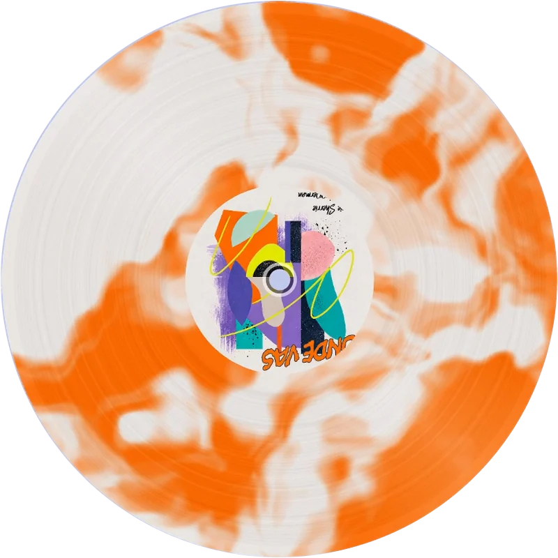 An example: a marbled vinyl record with the track's cover on its label, made with Spin