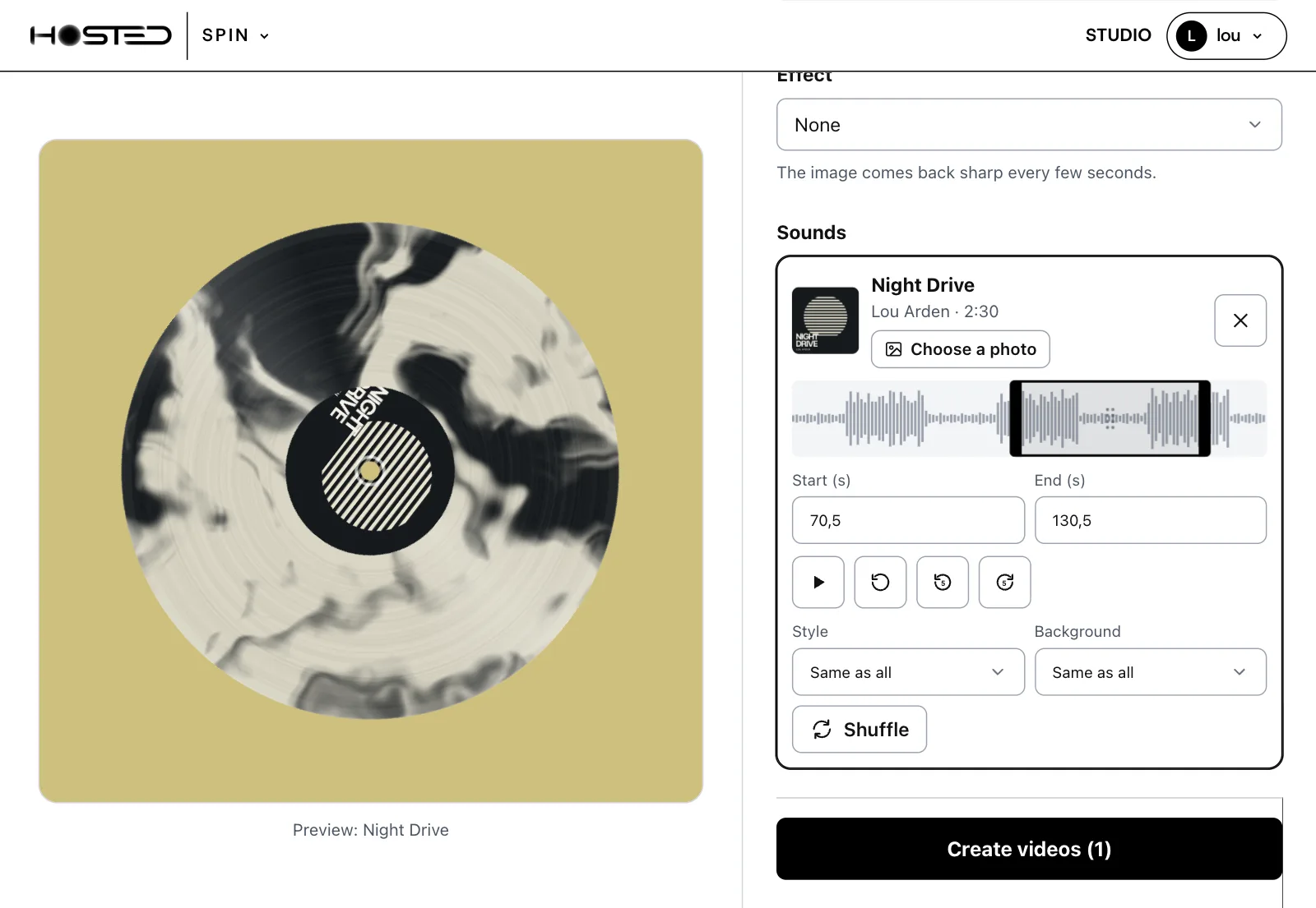 A track in Spin: the record spinning with the cover on its label, the waveform with the chosen part, the start and the end