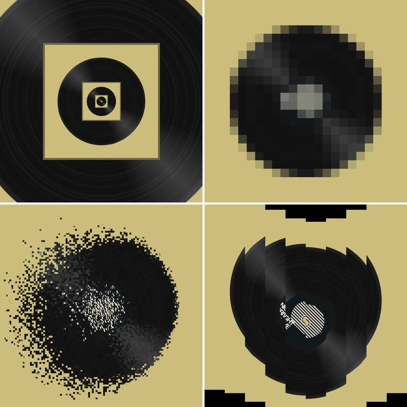 The four effects of Spin on the same record: Infinite zoom, Pixels, Dust and Slices