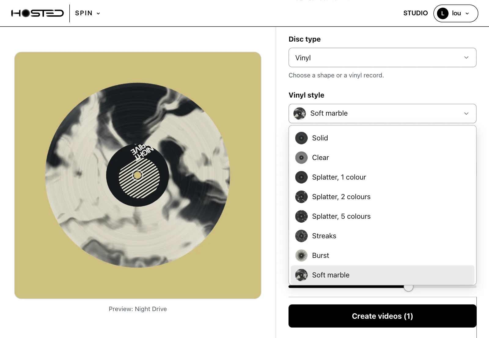 The vinyl styles in Spin: Solid, Clear, Splatter in one, two or five colours, Streaks, Burst, Soft marble, with a soft marble record in the preview