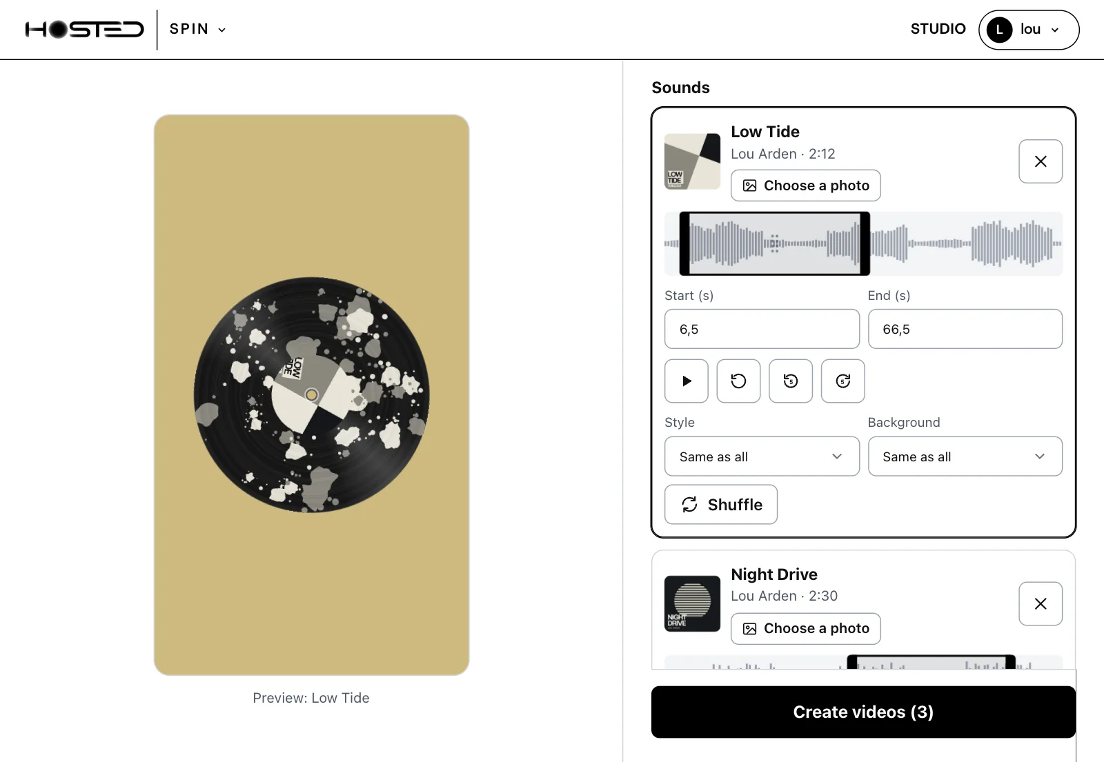 A release in Spin: three tracks in the list, each with its cover and its part, and the button Create videos (3)